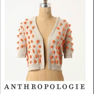 Anthropologie Tan and Orange Pom Pom Cardigan